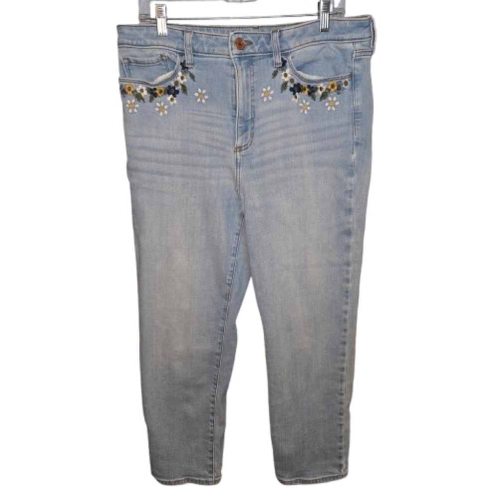 LC Lauren Conrad Floral Embroidered Super High Rise Straight Cropped Jeans Sz 14